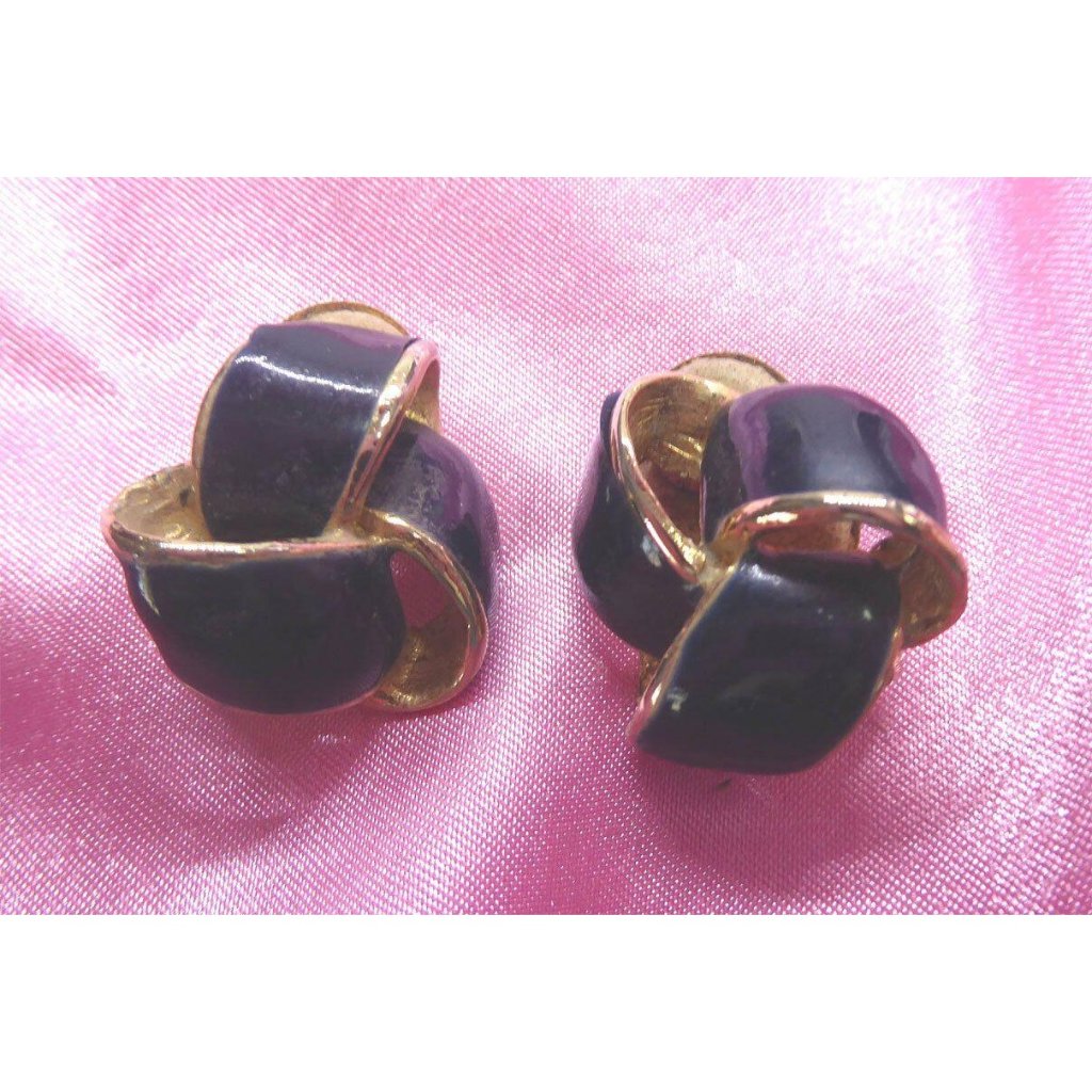 Designer Signed Gay Boyer Dark Blue Almost Black Enamel Earrings Lover's Knots